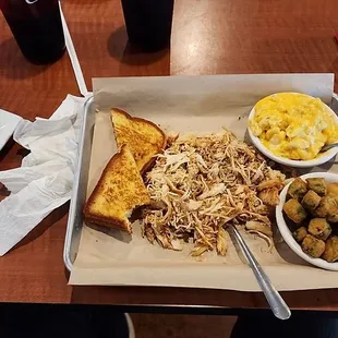 Smoked shredded chicken platter with Mac and cheese, fried okra, and firecracker shrimp with some badass banana peppers!