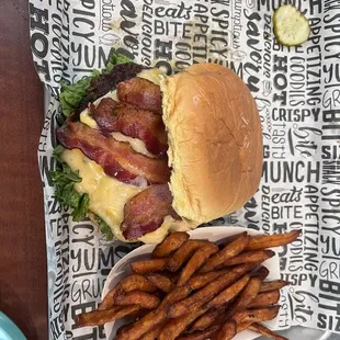 TKO burger with sweet potato fries.