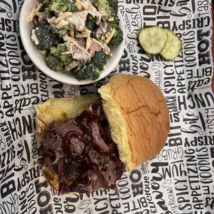 Brisket sandwich and broccoli salad.. I couldn't stop eating it. So good !!!