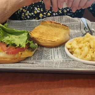 T.K.O. burger with mac-n-cheese