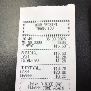 a receipt for a restaurant