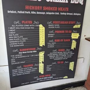 Menu board at Buffalo Creek BBQ, Cleburne