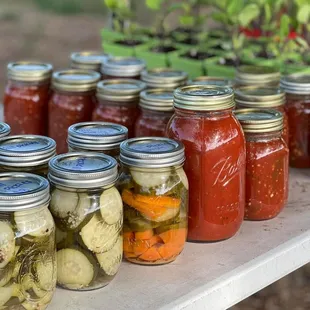 Homemade artisan pickles, spaghetti sauce, and salsa all from our home grown produce that we also sell!