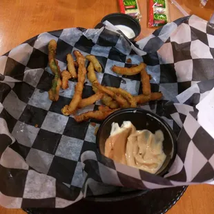 Fried onions, green beans and jalapeños. Sorry, I was almost finished before I realized I needed a pic! So good!