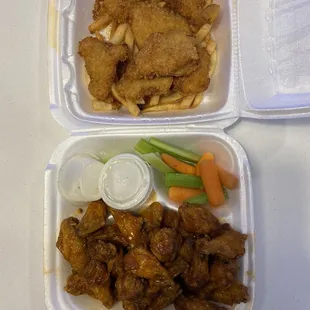 chicken wings, carrots, and french fries