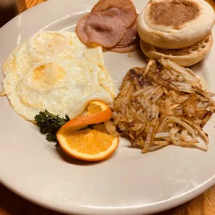 Canadian bacon two hash brown English muffins ,very good breakfast for two was reasonable priced for quality and came out quickly.
