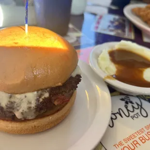 Bacon Stuffed Burger with Mashed Potatoes and Brown Gravy