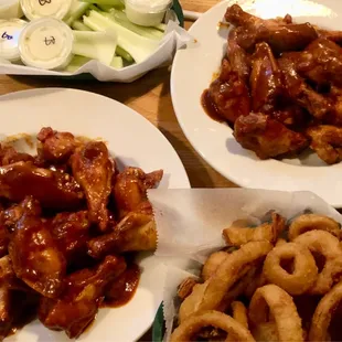 three plates of food on a table