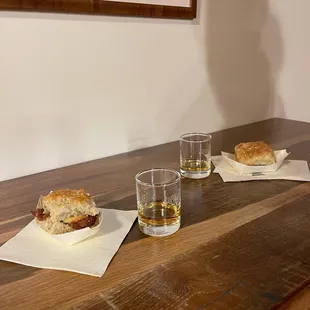 The pairing Blantons Gold with a rosemary biscuit and bacon snack.