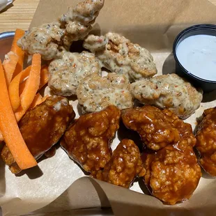 Sweet BBQ and Parmesan Garlic 10 Boneless Wings with carrots