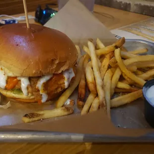 a chicken sandwich and french fries