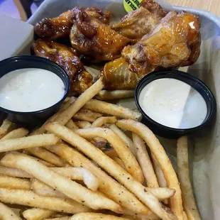 6 Mango Habanero wings.  French Fries