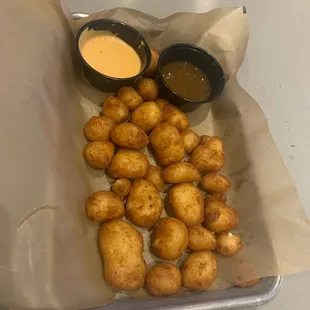 Cheddar Cheese Curds with a side of caramel sauce, try it!