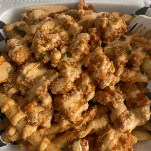 Regular size Buffalo chicken fries  Mixed very hot with Parmesan garlic (little extra fee to do 2 sauces)  Delicious!