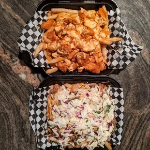 Small buffalo fries on top, small pulled pork fries on bottom