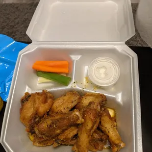 Lemon pepper Wangs so good. Still Hot &amp; crispy once home :)