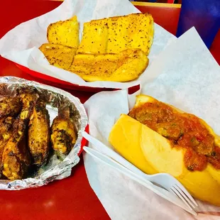 Chicken Wings (Habanero Sweet&amp;Spicy Sauce), Garlic Bread, Meatball Sub (No Cheese)