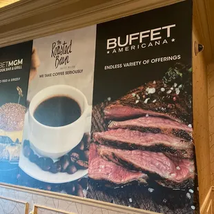a coffee cup and steak on a plate