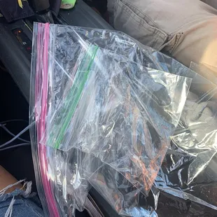 Empty zip lock bags the food was so bad I didn't take any home!