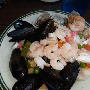 Seafood galore - Mussels. Clams both in their shells in sauces, and Shrimp with Lobster sauce  - all very yummy!