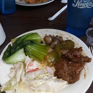 Crab casserole, baby Bok Choy  and Beef with onions!