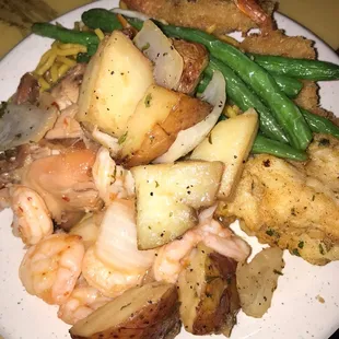 Shrimp, potatoes, green beans, Hawaiian chicken