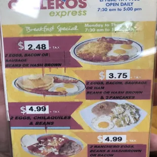 Breakfast specials as of 1/2/2020