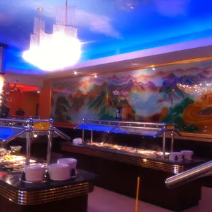a buffet with many different types of food