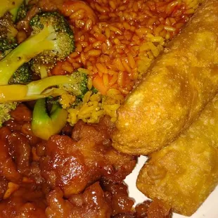 Egg rolls, chicken, broccoli &amp; rice