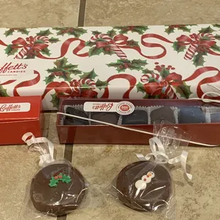 A wrapped Traditional Box, 6 Caramels, Two Piece Box of Peanut Butter Meltaways (my fav), and two chocolate covered Oreos