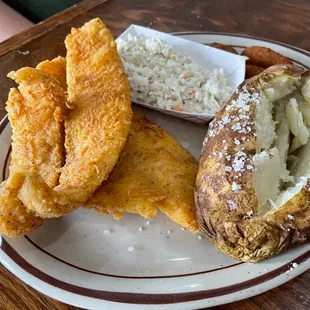 Flounder with baked potato and coleslaw