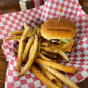Bacon cheeseburger with the works and fries