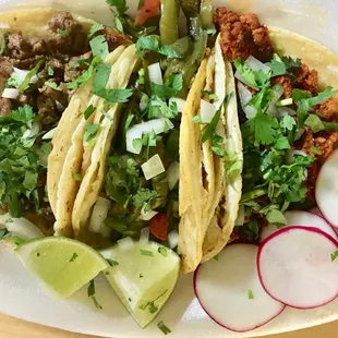 Carne asado, nopal (cactus) and chorizo tacos. $1.50 each and delicious.
