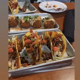 Chicken street tacos (very spicy), salmon bites