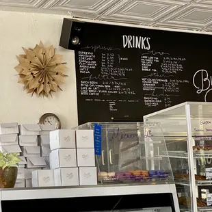 Drink menu and bakery items (the macaroons are wonderful!)