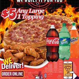 a picture of a pizza and a drink