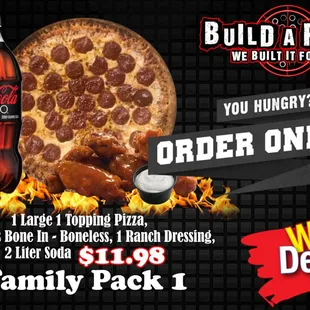 a pizza and a bottle of coke