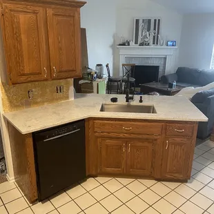 a kitchen and living room