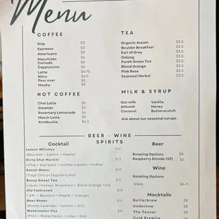 Coffee menu