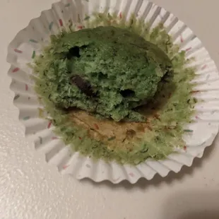 Pandan banana bread muffin, half eaten, shelter in place