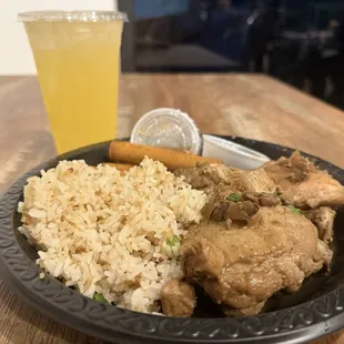 Chicken adobo, calamansi juice, 3 Shanghai rolls and garlic fried rice. All were tasty!