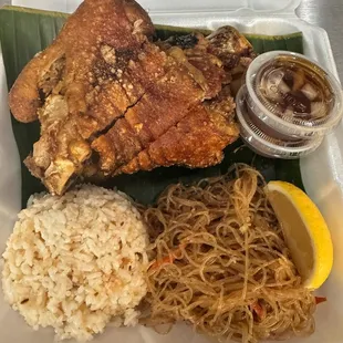 Crispy Pata Plate with garlic fried rice and pansit