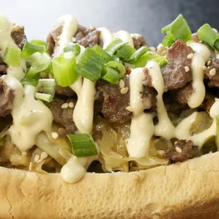 Bulgogi Dog Korean Beef Bulgogi, Asian Slaw, Green Onions, Sesame Seeds and Bulgogi Mayo on your Quarter Pounds All beef Dog