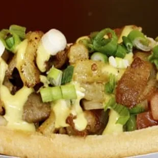Hawaiian Dog Pork Belly Bacon, Pineapple Salsa, Green onions and Honey Dijon Mustard on Quarter pounds All Beef Dog
