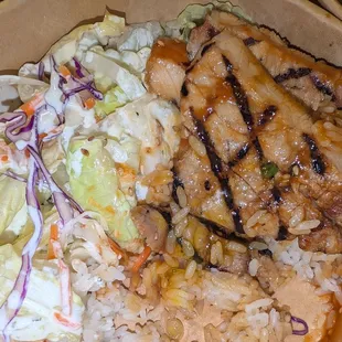 Spicy pork bulgogi bowl (with ranch dressing on slightly browning bagged iceberg salad)