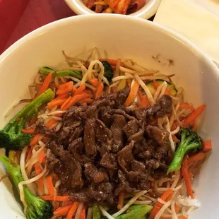 Beef bibimbap and small side of kimchi