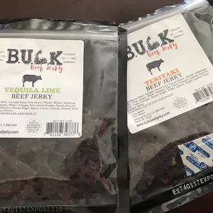 two packages of beef jerky