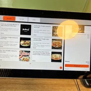 a menu displayed on a tablet