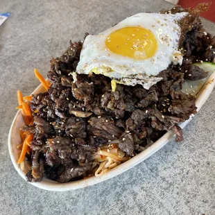 Bibimbap with extra beef and a runny egg (SO MUCH MEAT)