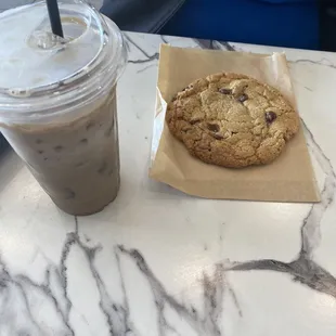 Chocolate chip cookie  and iced coffee